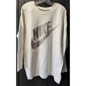 Nike women white long sleeve sweatshirt gold foil swoosh logo oversized Large